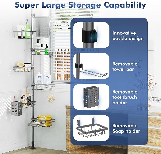 Corner Shower Caddy Tension Pole,Bathroom Shelf for Inside Shower Organizer | Adjustable 30-120’’ Storage, 6-Tier Shower Shelves, Rustproof Shower Rack with Towel Bar, Soap Dish & Toothbrush Holder