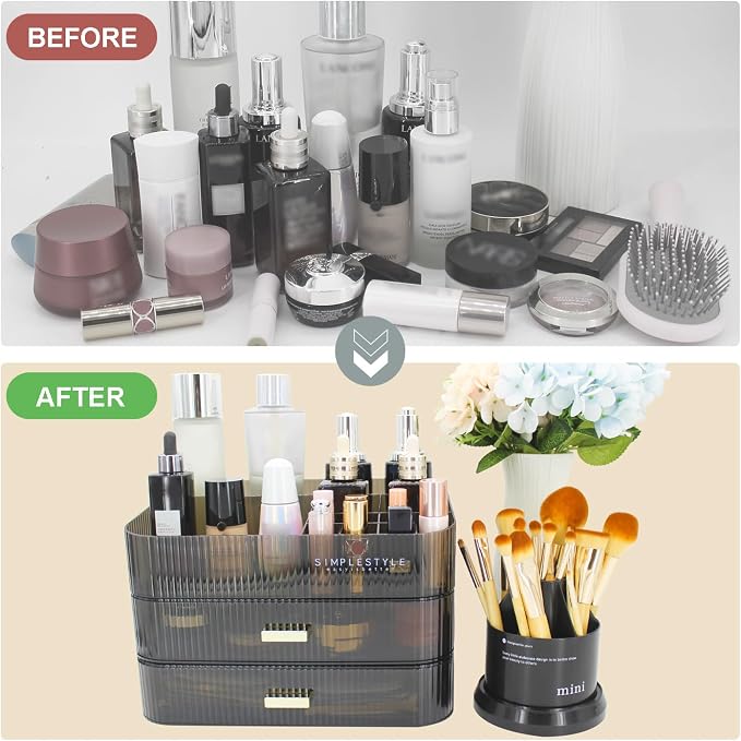 Makeup Organizer with 2 Drawers, Cosmetics Organizer for Bedroom and Bathroom Vanity Countertops, Large Capacity Cosmetic Storage Box for Skincare Cream Perfume Lipstick Dresser Counter-Black