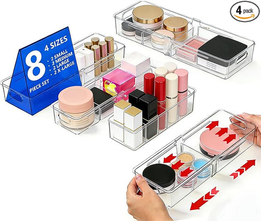 BLULEE 4-in-1 Expandable Drawer Organizer Set, Adjustable Clear Bins | with Dividers for Kitchen, Bathroom, Vanity & Office, Scalable Trays for Cosmetics, Utensils & Desk Accessories (8 Pcs)