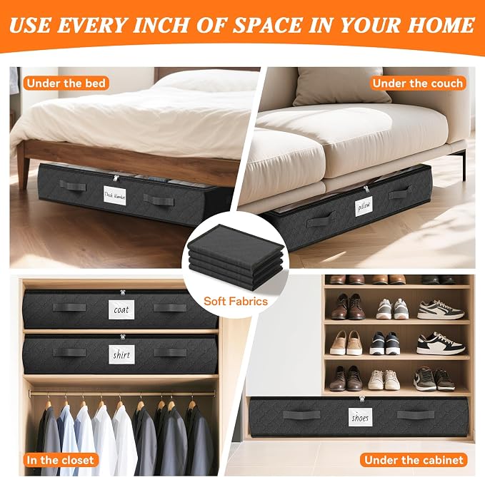 90L Under Bed Storage Containers, Storage Bags, Organizers, 4-Pack, Black | Foldable, Soft Fabric, Closet Organizers, Reinforced Handle, Label Holder, Clear Window, for Comforters, Clothing, Blankets