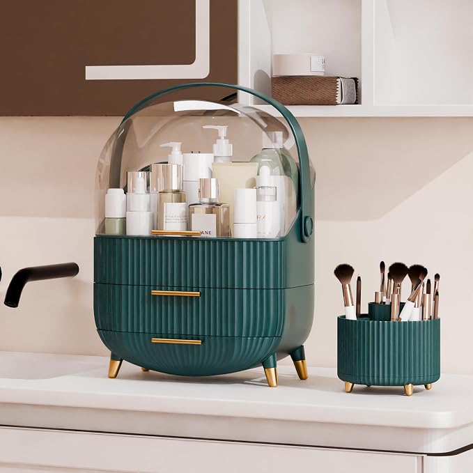 lurcns Makeup Organizers and Storage Make up Organizer for Vanity Cosmetics Skincare With Lid and Drawers Display Cases for Countertop Bathroom Women Teenager Girl Gifts(Dark Green+Brush Holder)