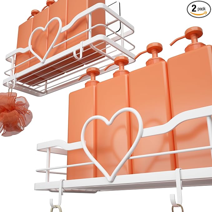 White Heart Shower Caddy,No Drilling Adhesive Shelves,2 Pack | Shower Shelf with 4 Removable Hooks,Holds 40 lbs,Rustproof Metal,For bathroom,kitchen,dorm,Cute Shower Organizer