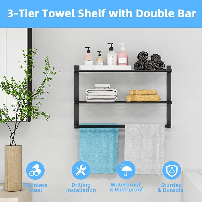 KLJKPA 24 Inch Towel Racks for Bathroom Wall-Mount, 3-Tier, Black | Towel Shelf with Double Towel Bar, Towel Holder, Towel Storage for Bathroom Lavatory, Stainless Steel, Space Saving