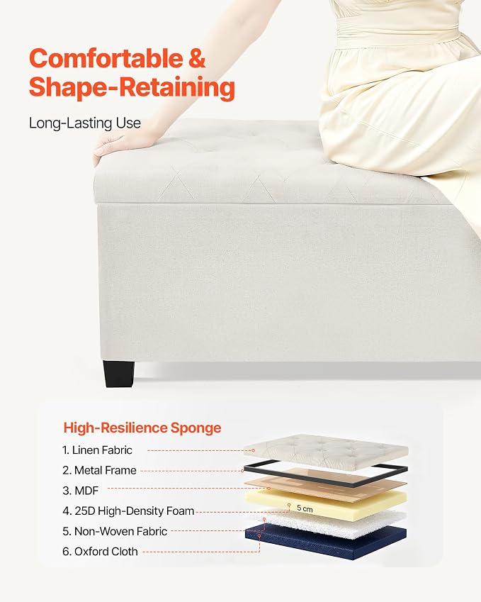 VEVOR Storage Ottoman Bench, End of Bed Bench with 2 Side Bags, Fabric Upholstered with Metal Frame, Toy Box Storage, Bed Benches for Foot of Bed, Bench for Entryway, Living Room, Playroom, Beige