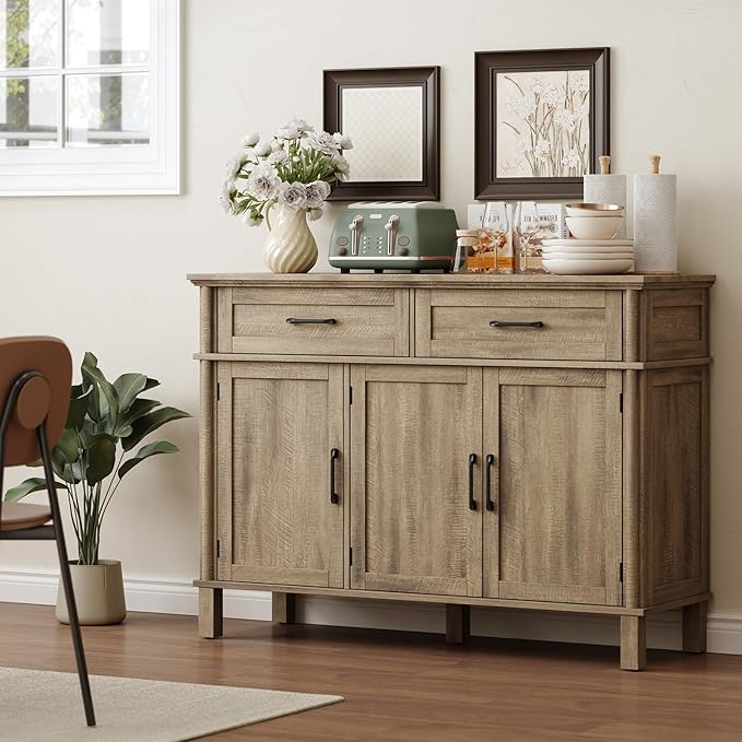 48 Inch Buffet Cabinet with Storage, Farmhouse Sideboard Buffet w/2 Drawers and 3 Doors, Coffee Bar Cabinet with Adjustable Shelves, Sideboard Storage for Kitchen, Living Room, Washed Grey