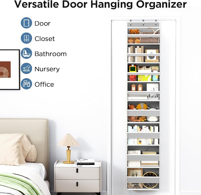 Mefirt Over The Door Organizer, 8 Shelf Door Hanging Organizers with 8 Large Capacity Pockets, Back of Door Organizer Storage Hanging Shelves for Closet Bathroom Bedroom Nursery
