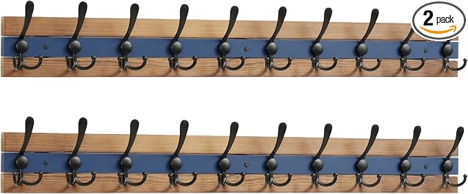 SKOLOO Rustic Coat Rack Wall Mount- 38-1/8" Long Coat Hooks for Wall with 10 Triple Hooks for Hanging Coats, Hats or Tools, Western National Parks Collection, Wood Brown & Blue, Pack of 2