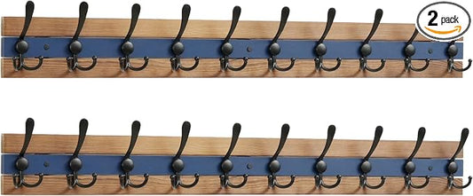 SKOLOO Rustic Coat Rack Wall Mount- 38-1/8" Long Coat Hooks for Wall with 10 Triple Hooks for Hanging Coats, Hats or Tools, Western National Parks Collection, Wood Brown & Blue, Pack of 2