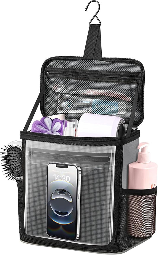Portable Hanging Shower Caddy, Large Capacity Travel Toiletry Bag for Men & Women, Bath Organizer with Hook & Waterproof Phone Compartment, for Gym, Travel, Dorm, Picnic, Bathroom(Grey)