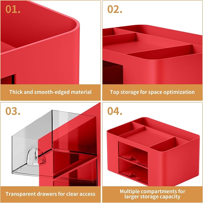 Marbrasse Pen Organizer with 2 Drawer, Multi-Functional Pencil Holder for Desk, Desk Organizers and Accessories with 5 Compartments + Drawer for Office Art Supplies (Red)