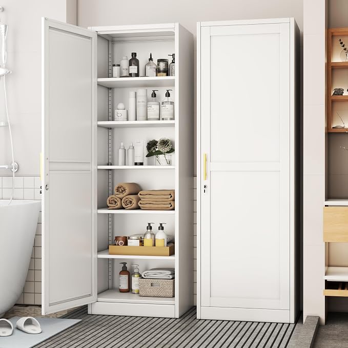 Tall Metal Narrow Bathroom Storage Locker Cabinet 67" H, Tall White Pantry Cabinets with 5 Adjustable Shelves and Lockable Doors for Kitchen, Home Office, Living Room, Dining Room