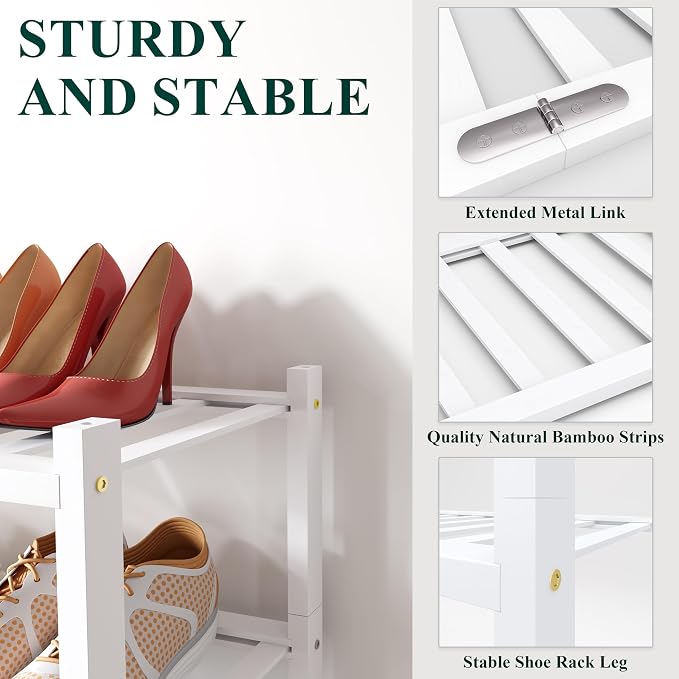 Smiry Bamboo Shoe Rack, 12 Vertical Slats, 3 Tier - 26.8" Wide, White | Stackable Free Standing Wooden Shoe Organizer, Wood Shoe Storage Shelf for Closet, Entryway