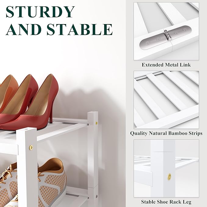 Smiry Bamboo Shoe Rack, 12 Vertical Slats, 4 Tier - 33.7" Wide, White | Stackable Free Standing Wooden Shoe Organizer, Wood Shoe Storage Shelf for Closet, Entryway