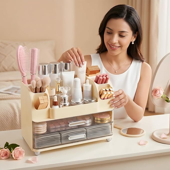Makeup Organizer for Vanity with 2 Large Drawers and 6 Brush Holders, Cream | Large-Capacity Makeup Holder Keeps Skincare and Cosmetics Organized and Easy to Reach on Vanity or Bathroom Counters