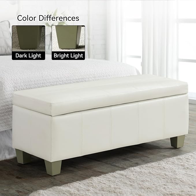 WUTUTUEE 41" Faux Leather Storage Ottoman, Stitch Tufted Rectangle Upholstered End of Bed Storage Bench, Entryway Large Couch Ottoman with Wooden Legs,White
