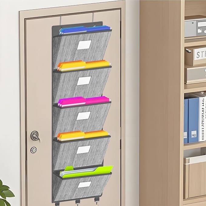 Over the Door File Organizer, Hanging File Folders, Wall Organizers and Storage for Mail, Magazine, Notebooks, Planners, Office, Classroom, 5 Extra Large Pockets, 50.39” Tall (Grey)
