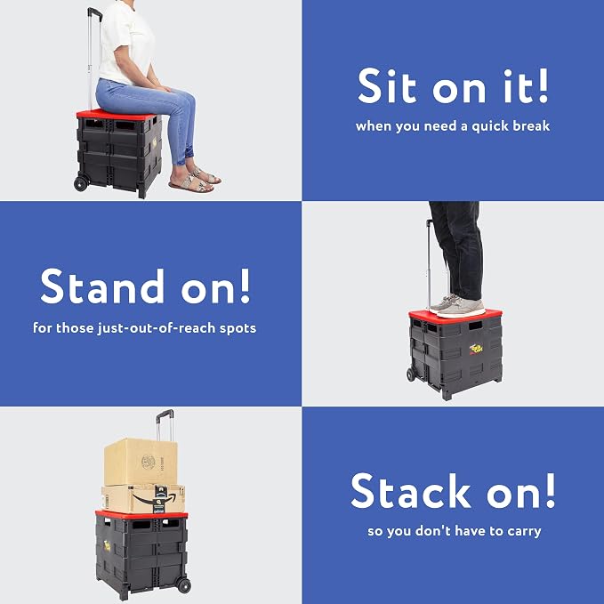 dbest products Quik Cart Collapsible Rolling Crate on Wheels for Teachers Tote Basket 80 lbs Capacity, Made from Heavy Duty Plastic and used as a Seat, Standard, Red | with Wheels, Roll Up to 80 lbs Capacity, Heavy Duty Plastic Construction, Telescopin...