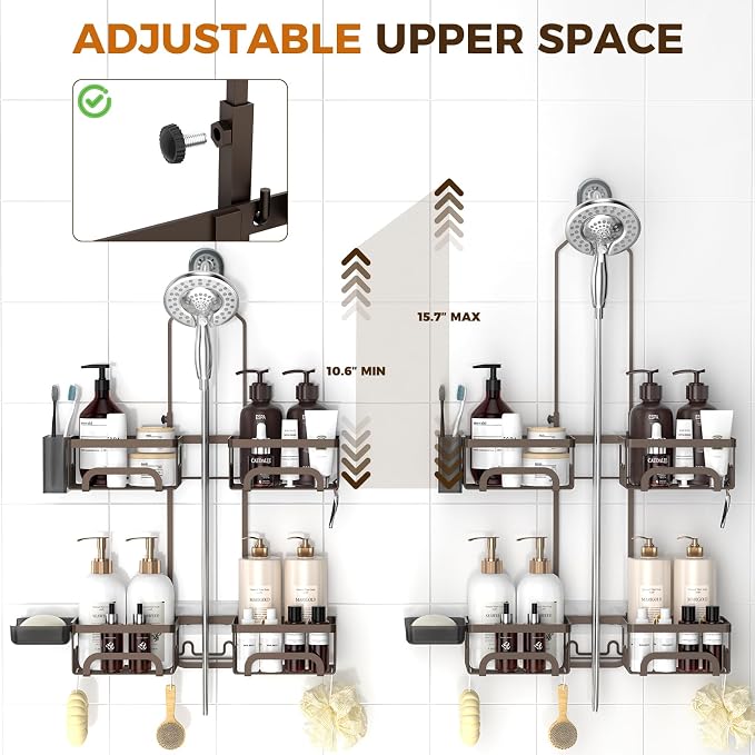 REINHARDT Split Shower Caddy Hanging for Handheld Showerheads, Bronze | Adjustable Shower Organizer, Rustproof, 16 Hooks, Soap Holder, 40lbs Capacity, Anti-Slip, Tool-Free, Bathroom Accessories
