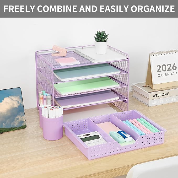 LEKETREE Desk Organizers and Accessories, 5-Tier Paper Letter Tray Organizer with Drawer & 2 Pen Holders, Desktop Organizer for Office Supplies (Purple)