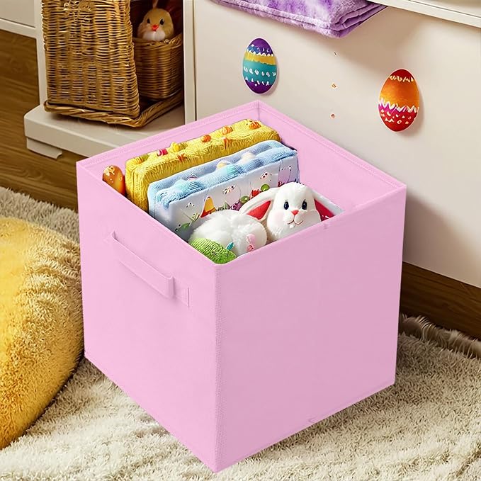 PowerKing Collapsible Storage Cubes, Farbic Storage Bins, Pink, 2 Pack | Sturdy, Lightweight, Easy Pull Handle, Closet & Shelf Organizer, Clothes and Toys Storage, 10.5'' x 11'' x 10.5''