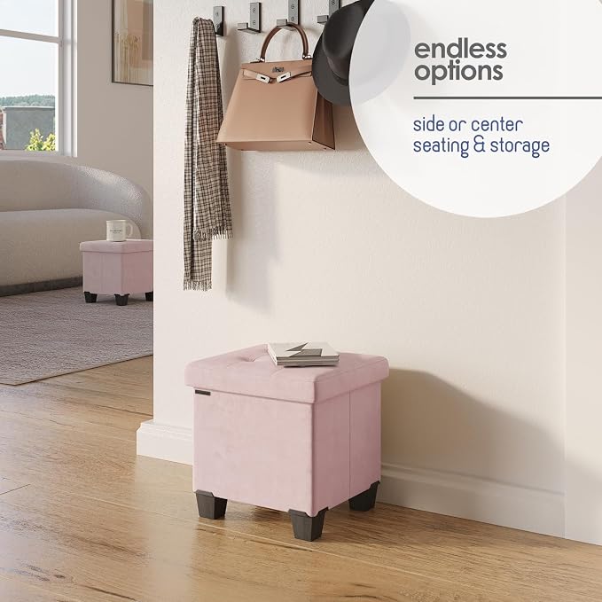 Storage Ottoman Cube with Small Bin, 15-in Square Ottoman with Storage for Living Room and Bedroom, Small Ottomans Foot Rest, Velvet Foot Stools Ottomans Max 330lbs, Pink
