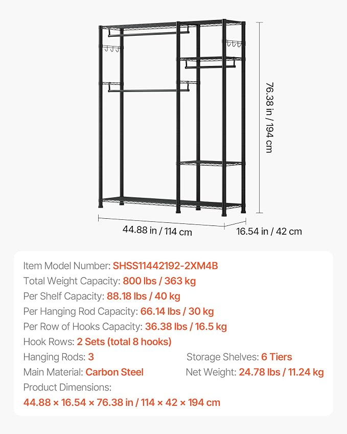 VEVOR Clothing Garment Rack, Heavy Duty Closet Wardrobe, Adjustable Tiers Clothes Racks with Steel Frame, for Bedroom, Clothing Store, Hallway