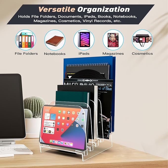 File Holder File Sorter, Vertical File Organizer for Desk, Desk Top File Folder Organizer Stand, Acrylic File Rack File Folder Holder, 5 Sections Clear File Stand for Office, School, Home