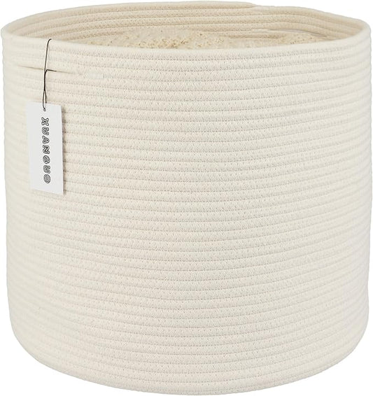 XUANGUO Cotton Rope Basket For Girls Boys Kids 16”X14” White | Baby Laundry Baskets, Blanket Basket, Nursery Bin; Round Woven Basket Organizer for Toy Storage, Blankets, Shoes and Clothes