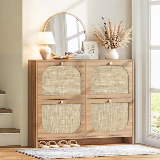 Rattan Shoe Cabinet for Entryway with 4 Flip Drawers, 9.5" Narrow Shoe Rack, Boho Slim Shoe Storage Organizer with Adjustable Shelves, Anti-Tip Safety, 9.5" D x 39.4" W x 35.5" H