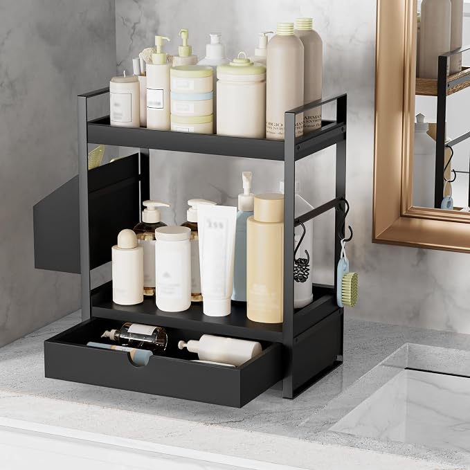 2-Tier Bathroom Counter Organizer, Wooden Vanity Shelf with Drawer & Basket | Pre-Drilled Holes, Skincare & Makeup Countertop Organizer and storage, Black