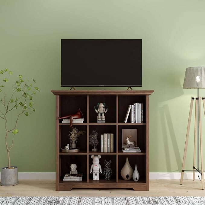 OSCHF 9-Cube Open Bookcase with Base, 3-Tier Wooden Bookshelf, Walnut | Curved Base, Crown Molding, Fits 11×11" Bins, Modern Storage Cabinet for Living Room, Bedroom, Home Office