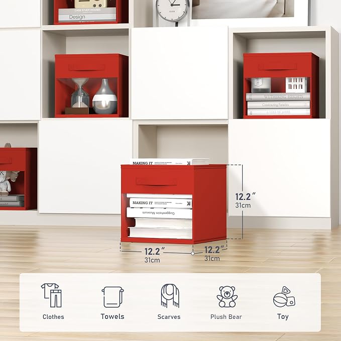 DIMJ Cube Bins, 12.2-Inch Storage Bins Cubes with Window, 6 Packs Collapsible Storage Bins with Handles, Closet Storage Baskets for Organizing Living Room, Office,8 Pack,Red