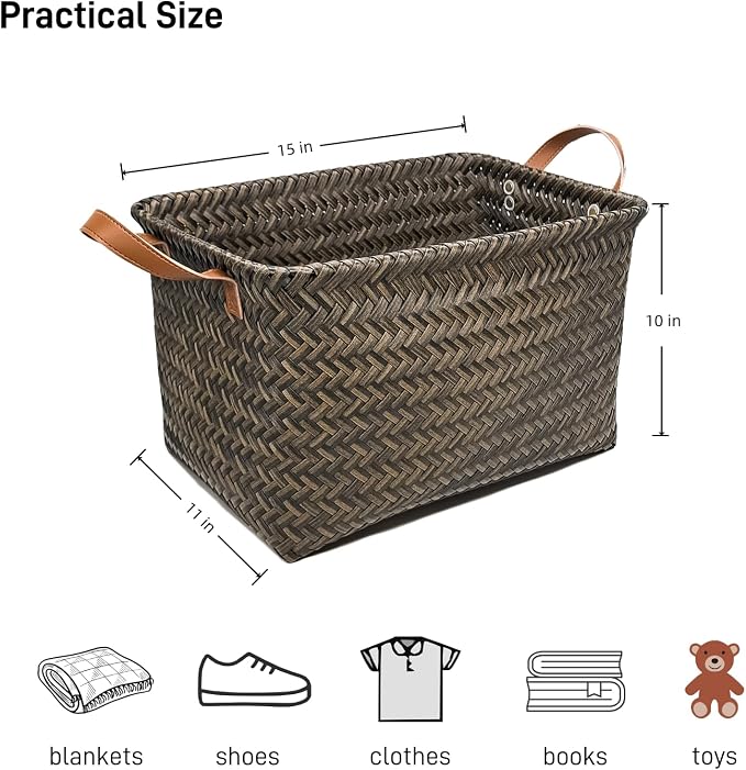 GIB Wicker Woven Storage Baskets for Organizing Blankets Laundry Shelves | Clothes Hamper, Large Closet Storage Bins Organizer, Living Room Toys Shoes Organization, Plastic Rattan, Espresso, 4 Pack