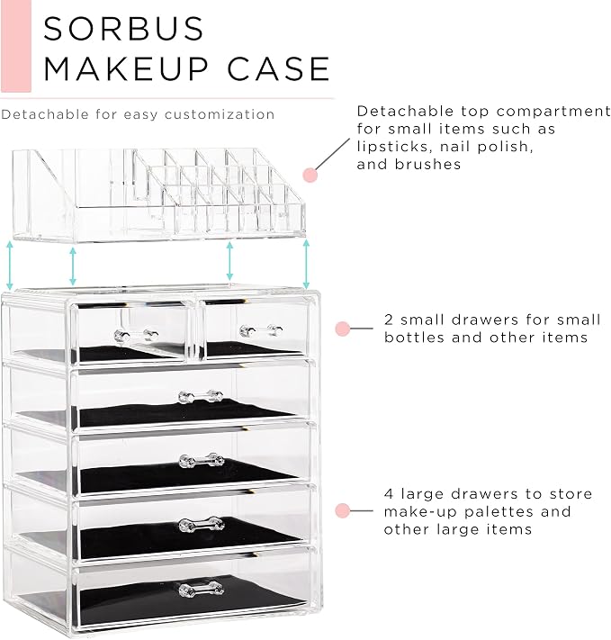 Sorbus Acrylic Makeup Organizer Set, 6-Drawer Vanity & Countertop Cosmetic Storage with Small & Wide Compartments, Clear Makeup Storage for Brushes, Jewelry – Holiday Gift for Women & Teens