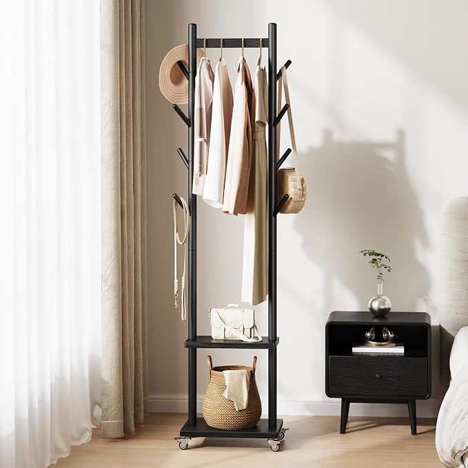 Yoobure Solid Wood Coat Rack Freestanding - Rolling Clothes Rack with 8 Hooks & Shelves, Small Clothing Rack with Wheels, Heavy Duty Clothing Racks for Hanging Clothes, Portable Hall Tree for Entryway