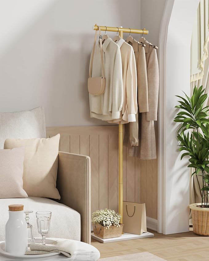 T-shaped Coat Rack Freestanding, Metal Hanger, Gold, 68.9 In High | Modern Garment Rack with Rock Slab Base, Heavy-duty Metal Clothing Hanger Stand for Bedroom, Office, Hallway, Entryway