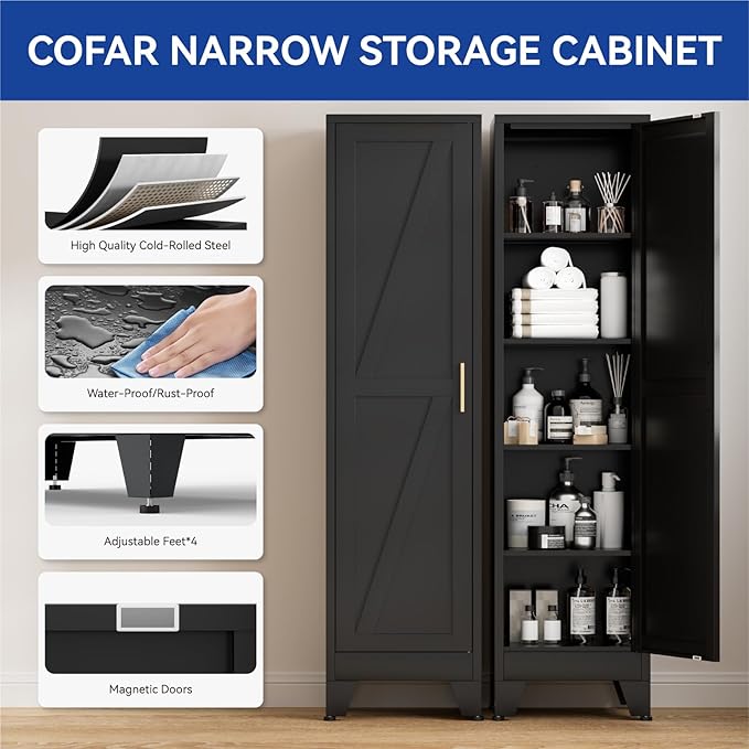 COFaR 67'' Tall Slim Bathroom Storage Cabinet, Metal Narrow Pantry Cabinet with 4 Adjustable Shelves and One Door, Skinny Cabinet Storage for Kitchen Laundry, Black Farmhouse 5 Tiers