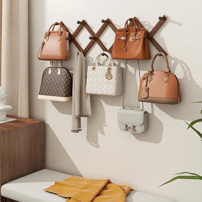 Accordion Wall Hanger, Hat Rack for Wall, Wood Expandable Coat Rack, Vintage Accordian Peg Hooks Purse Organizer for Hanging Baseball Caps, Coffee Mug, Hats, Clothes, Backpack, Towel