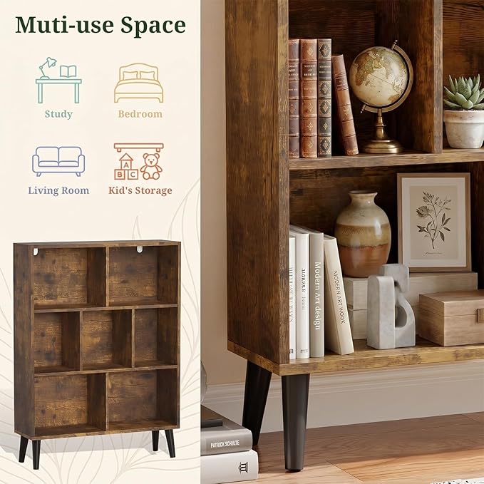 7 Cube Storage Organizer Shelf，Open Cube Bookshelf with Legs | 3 Tier, Mid-Century, Heavy Duty, Modern Bookcase, Display Shelf, Living Room, Bedroom, Office, Deep Brown