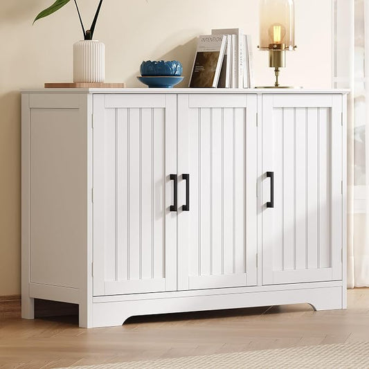ChooChoo Modern Sideboard Buffet Cabinet with Adjustable Shelves | Coffee Bar Storage Cabinet, 3 Doors, for Kitchen, Dining Room, Living Room, White