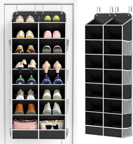 Yecaye 16-24 Pairs Over the Door Shoe Organizer, Large Capacity Hanging Shoe Rack for Door Hanger with Deep Pockets, 8 Tier Shoe Holder for Sneakers Boots Heels College Dorm Essentials, Black