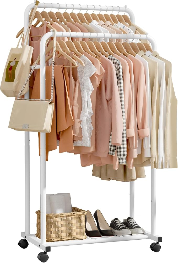 Sakugi Clothes Rack - Clothing Rack with Storage Mesh Shelf & Casters, Heavy-Duty Metal Clothing Rack for Hanging Clothes, Dresses, Coats, Large Load Capacity, Easy Assembly, White, 28.0"x16.0"x59.0"