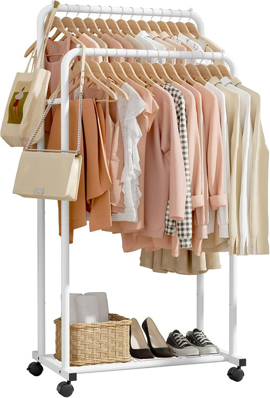 Sakugi Clothes Rack - Clothing Rack with Storage Mesh Shelf & Casters, Heavy-Duty Metal Clothing Rack for Hanging Clothes, Dresses, Coats, Large Load Capacity, Easy Assembly, White, 28.0"x16.0"x59.0"