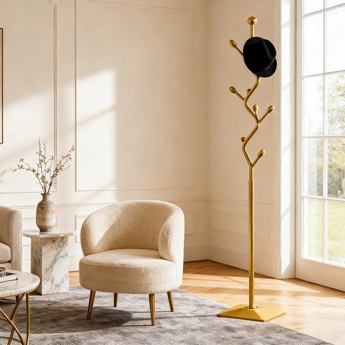 Gold Coat Rack Freestanding Metal Tree Coat Stand with Hooks,Modern Decorative Standing Hat Rack for Entryway Bedroom Living Room
