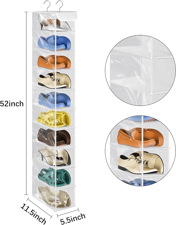 Libeder 10-Shelf Hanging Shoe Organizers with Side Pockets, Transparent | Hanging Closet Organizer with Side Pockets for Wardrode,Dorm, Folding Shoe Racks, Space Saving Hanging Shelves with Hooks
