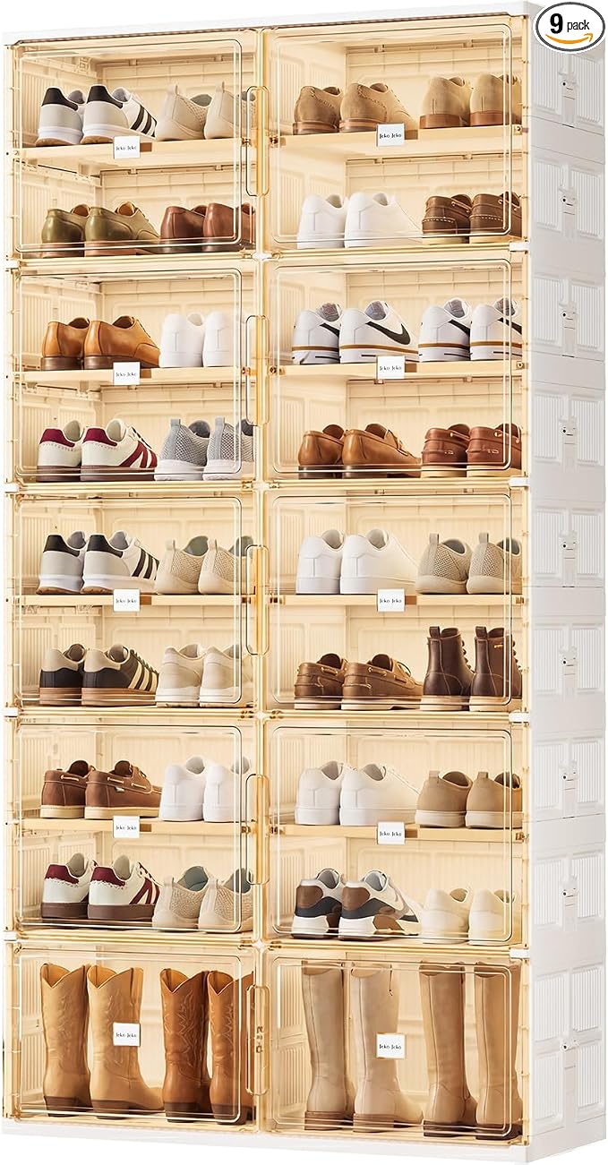 JEKO&JEKO 9 Tiers Foldable Boot and Shoe Storage Rack Cabinet for Closet Entryway, Large Collapsible Shoe Organizer with Magnetic Doors (White)