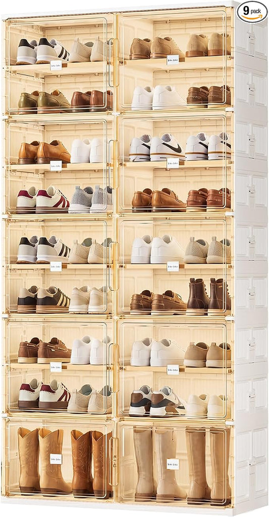 JEKO&JEKO 9 Tiers Foldable Boot and Shoe Storage Rack Cabinet for Closet Entryway, Large Collapsible Shoe Organizer with Magnetic Doors (White)