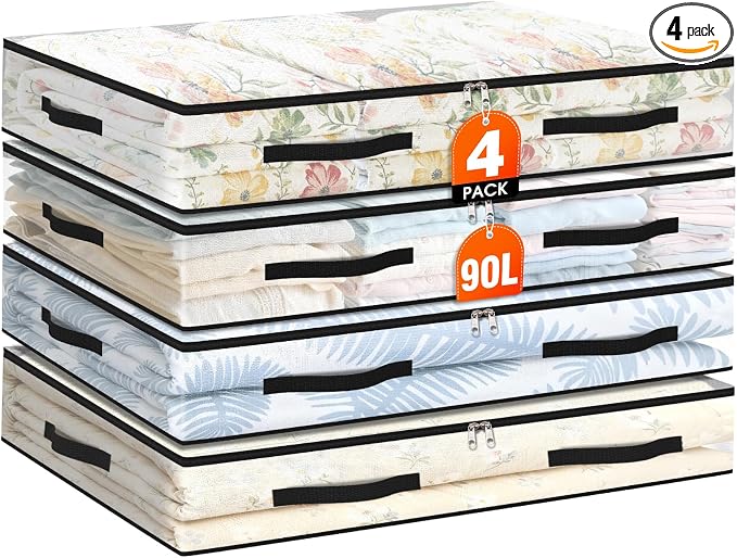 4 Pack Under Bed Storage Bags, 90L Foldable Clear Containers with Handles | Dual Zipper Storage Bins for Comforters, Bedding, Blankets, Closet Organizer for Clothes, Linen Sheets, Sweaters