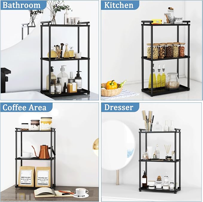VOTZAAQ 3 Tier Bathroom Organizer Countertop, Stainless Steel Perfume Tray and Vanity Countertop Shelf, Makeup Skin Care Bathroom Organizers and Storage for Dresser, Kitchen (Matte Black)