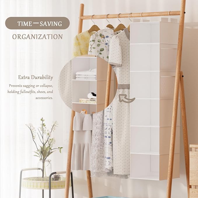 Hanging Closet Organizer and Storage with Bamboo Support, 6-Shelf Closet Hanging Storage Shelves, Closet Organizers Easy Mount Foldable for Bedroom